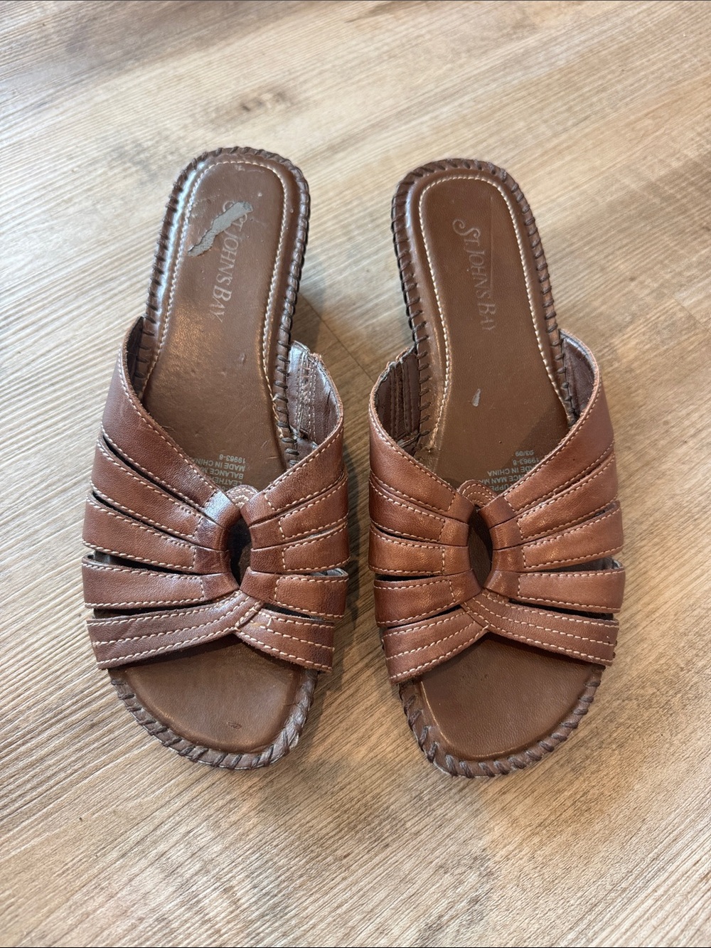 Vintage St. John’s Bay leather strappy sandals with a low heel
